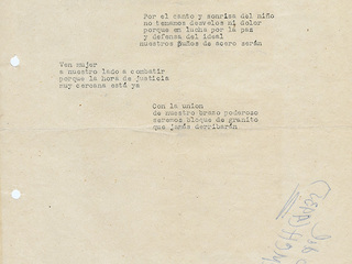 Letra del himno del MEMCH, 1935. AMG, Fondo Elena Caffarena Morice, caja 5.