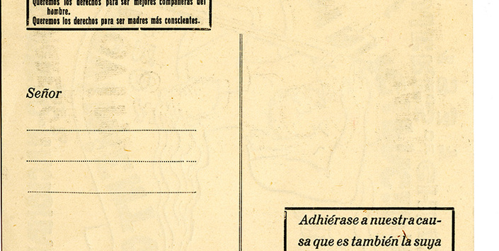 Postal del MEMCH con ilustración realizada en el marco del Primer Congreso Nacional de 1937. AMG, Fondo Elena Caffarena Morice, caja 9.