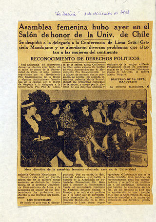 Noticia del diario La Nación (diciembre, 1938). AMG, Fondo Elena Caffarena, caja 5.