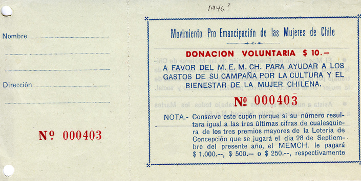 Cupón de donaciones del MEMCH, 1946. AMG, Fondo Elena Caffarena, caja 5.