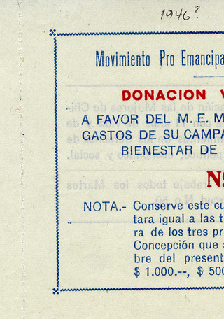 Cupón de donaciones del MEMCH, 1946. AMG, Fondo Elena Caffarena, caja 5.