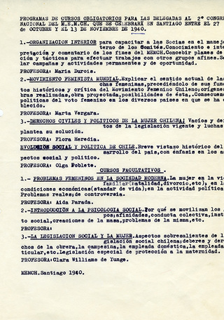 Listado de cursos obligatorios para las delegadas al Segundo Congreso Nacional del MEMCH, 1940. AMG, Fondo Elena Caffarena, caja 5.