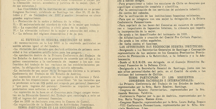Resumen de finalidades, obras y acontecimientos importantes del MEMCH, 1945. AMG, Fondo Elena Caffarena, caja 5.