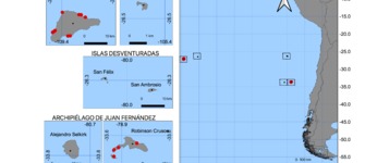 FIGURA 1. Mapa de Chile Continental e Insular, detalle de las islas oceánicas. En rojo se destacan los sitios donde Maria Codoceo realizó recolecciones de ejemplares @Catalina Merino.