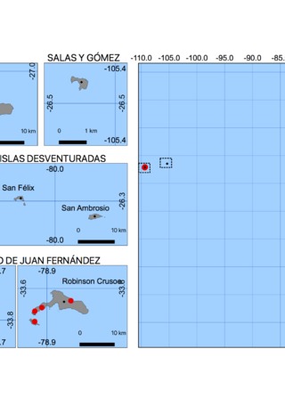 FIGURA 1. Mapa de Chile Continental e Insular, detalle de las islas oceánicas. En rojo se destacan los sitios donde Maria Codoceo realizó recolecciones de ejemplares @Catalina Merino.