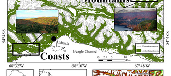 Figura 1. Mapa referencial. Bosques maduros de Nothofagus (> 250 años) ubicados en el suroeste (paisajes de costa y montaña) de la isla de Tierra del Fuego (Argentina). (https://doi.org/10.1371/journal.pone.0232922.g001).